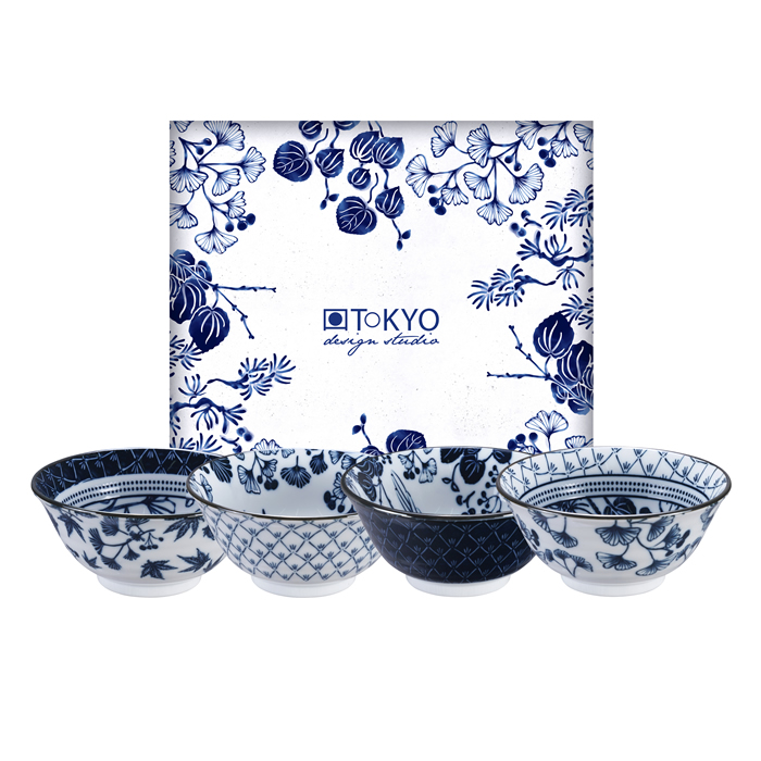 TOKYO DESIGN Flora Japonica Set 4 Ciotole In Porcellana Con Decoro Floreale Blu Ø 14,8 Cm